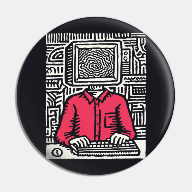Screen Addict – Digital Overload Linocut Critique Pin by TuncGK
