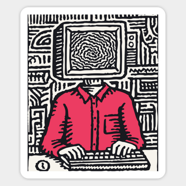 Screen Addict – Digital Overload Linocut Critique Magnet by TuncGK