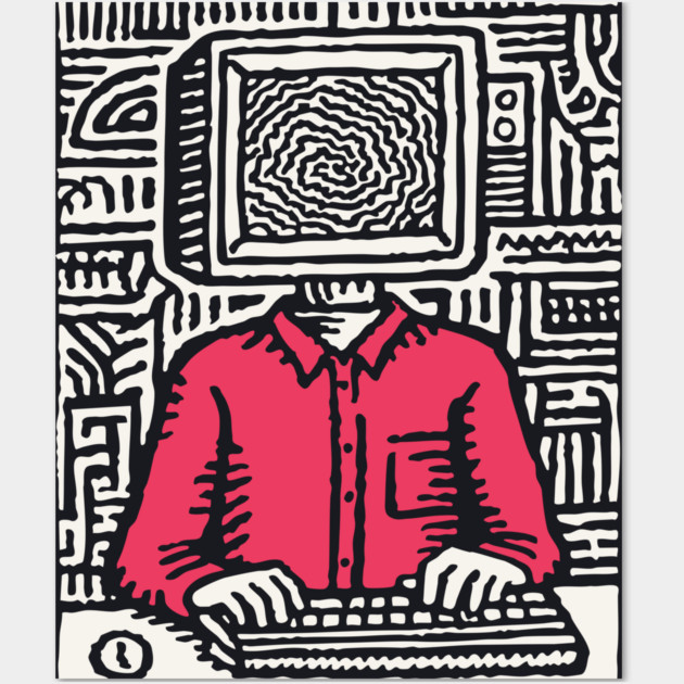 Screen Addict – Digital Overload Linocut Critique Wall Art by TuncGK