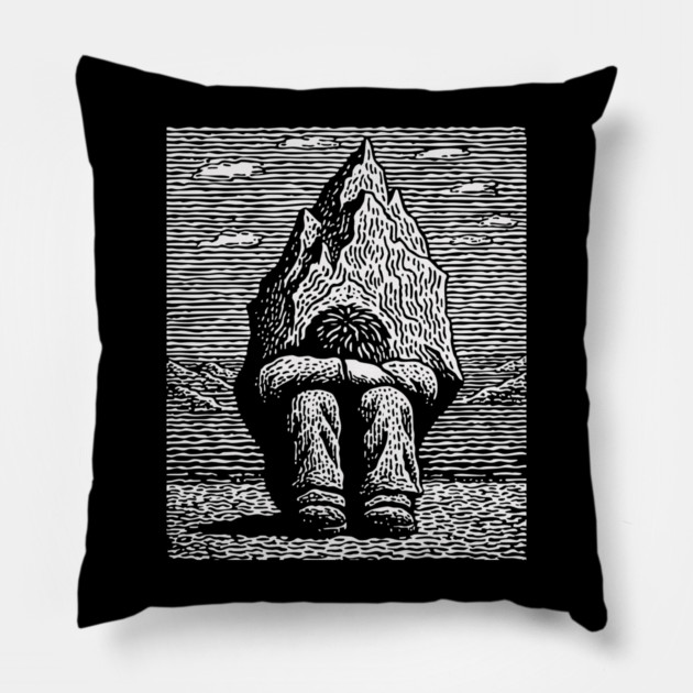 Overwhelmed by Sadness – Mountain Burden Linocut Pillow by TuncGK