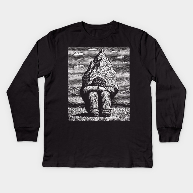 Overwhelmed by Sadness – Mountain Burden Linocut Kids Long Sleeve T-Shirt by TuncGK