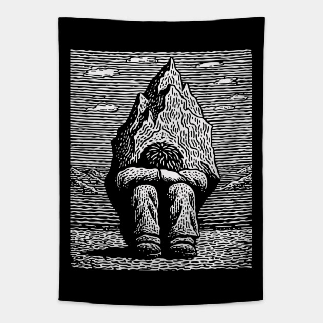 Overwhelmed by Sadness – Mountain Burden Linocut Tapestry by TuncGK