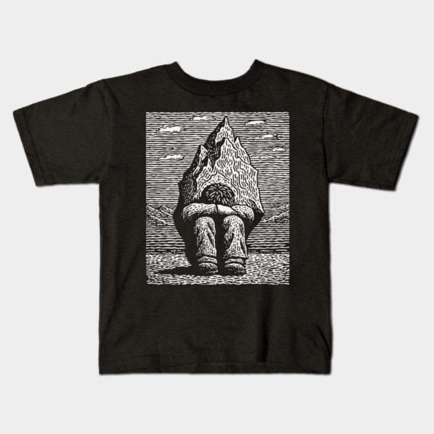 Overwhelmed by Sadness – Mountain Burden Linocut Kids T-Shirt by TuncGK