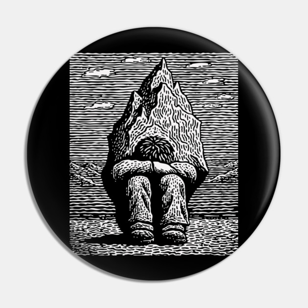 Overwhelmed by Sadness – Mountain Burden Linocut Pin by TuncGK