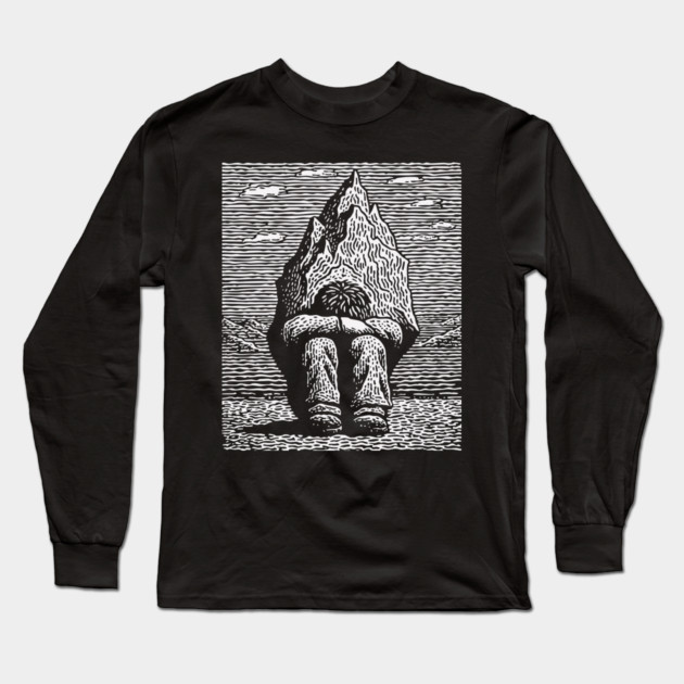 Overwhelmed by Sadness – Mountain Burden Linocut Long Sleeve T-Shirt by TuncGK