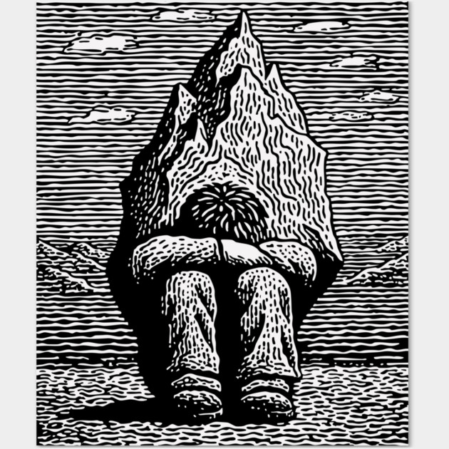 Overwhelmed by Sadness – Mountain Burden Linocut Wall Art by TuncGK