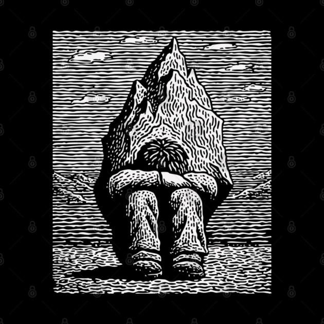 Overwhelmed by Sadness – Mountain Burden Linocut by TuncGK
