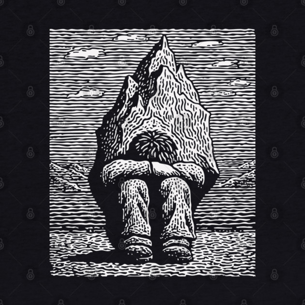 Overwhelmed by Sadness – Mountain Burden Linocut by TuncGK