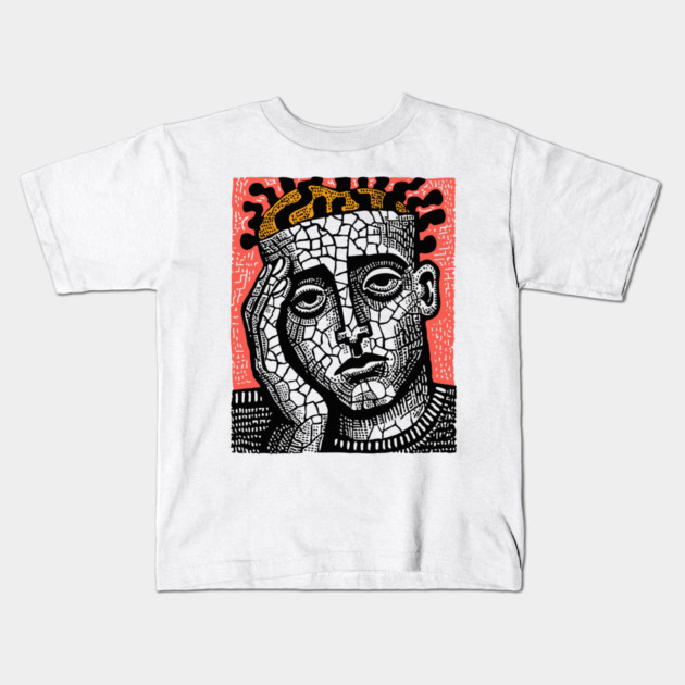 Stone Head – Mental Fatigue and Inner Struggle Linocut Kids T-Shirt by TuncGK