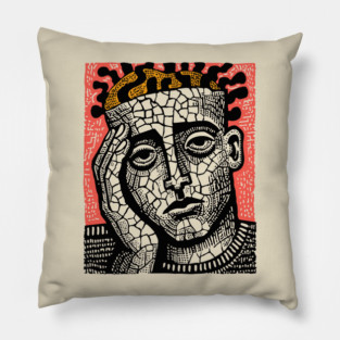 Stone Head – Mental Fatigue and Inner Struggle Linocut Pillow