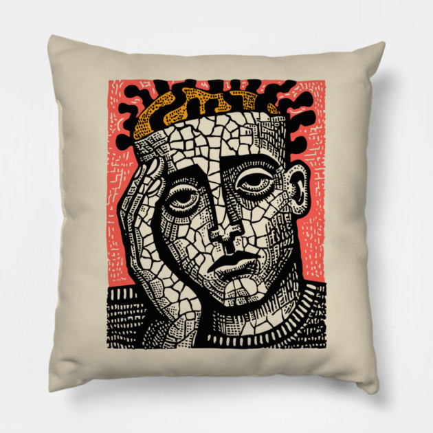 Stone Head – Mental Fatigue and Inner Struggle Linocut Pillow by TuncGK