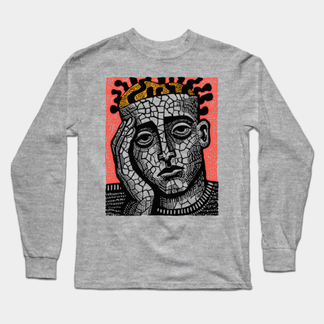 Stone Head – Mental Fatigue and Inner Struggle Linocut Long Sleeve T-Shirt by TuncGK