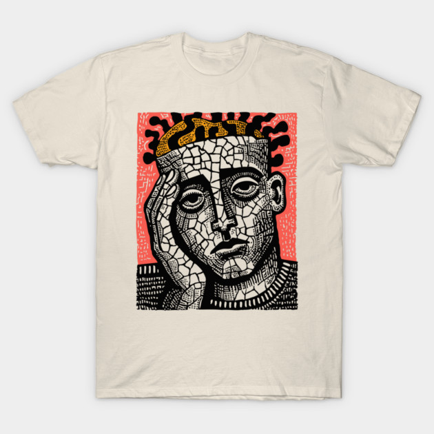 Stone Head – Mental Fatigue and Inner Struggle Linocut T-Shirt by TuncGK