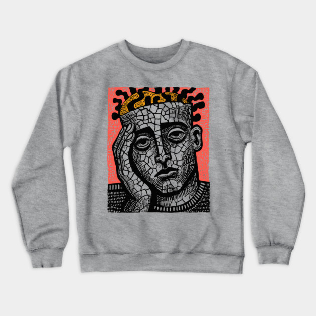 Stone Head – Mental Fatigue and Inner Struggle Linocut Crewneck Sweatshirt by TuncGK