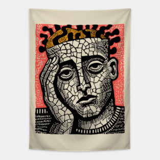 Stone Head – Mental Fatigue and Inner Struggle Linocut Tapestry