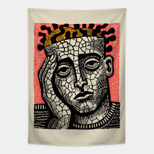 Stone Head – Mental Fatigue and Inner Struggle Linocut Tapestry by TuncGK