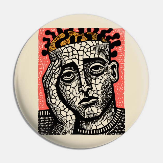 Stone Head – Mental Fatigue and Inner Struggle Linocut Pin by TuncGK