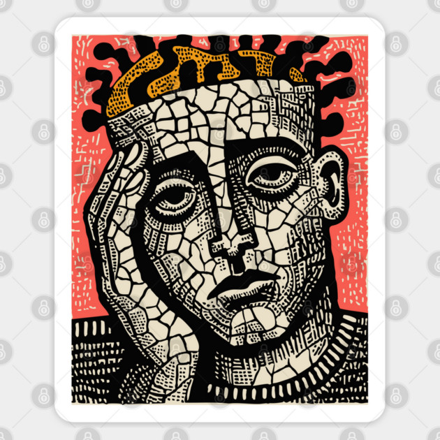 Stone Head – Mental Fatigue and Inner Struggle Linocut Sticker by TuncGK