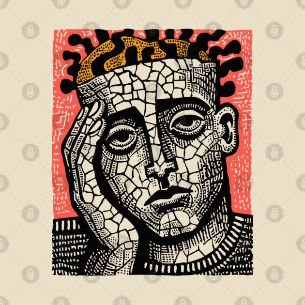 Stone Head – Mental Fatigue and Inner Struggle Linocut by TuncGK