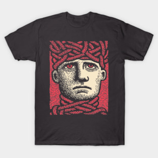 Head Trapped in Ropes – Mental Burden Linocut Portrait T-Shirt