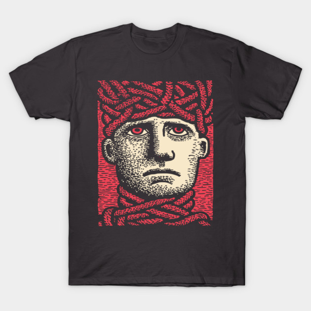 Head Trapped in Ropes – Mental Burden Linocut Portrait T-Shirt by TuncGK