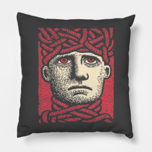 Head Trapped in Ropes – Mental Burden Linocut Portrait Pillow