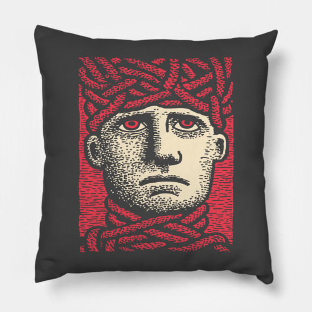 Head Trapped in Ropes – Mental Burden Linocut Portrait Pillow by TuncGK