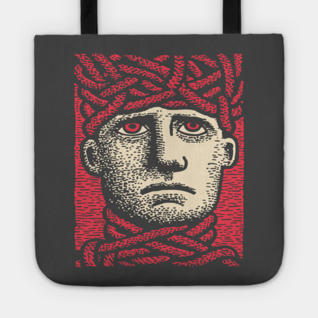 Head Trapped in Ropes – Mental Burden Linocut Portrait Tote by TuncGK