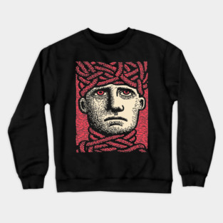 Head Trapped in Ropes – Mental Burden Linocut Portrait Crewneck Sweatshirt