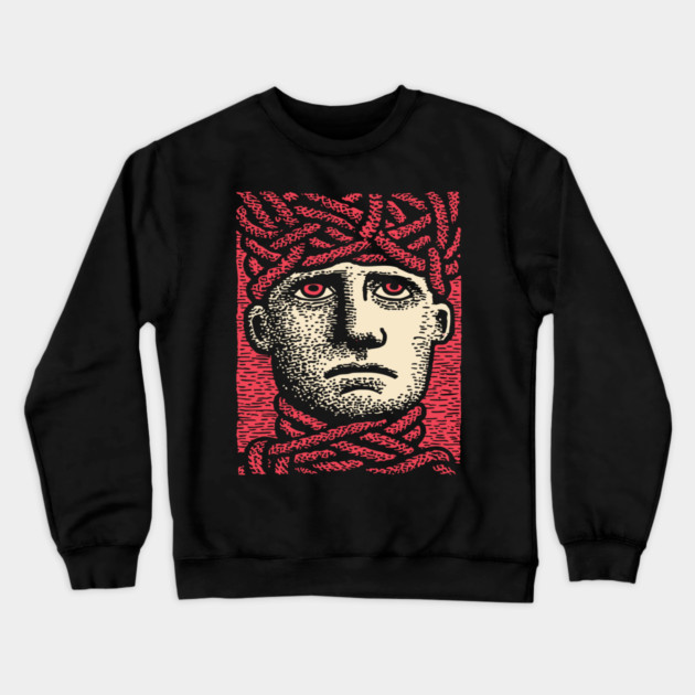 Head Trapped in Ropes – Mental Burden Linocut Portrait Crewneck Sweatshirt by TuncGK