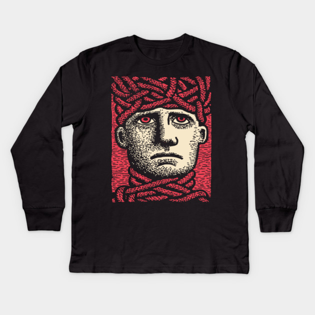 Head Trapped in Ropes – Mental Burden Linocut Portrait Kids Long Sleeve T-Shirt by TuncGK