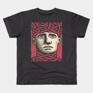Head Trapped in Ropes – Mental Burden Linocut Portrait Kids T-Shirt
