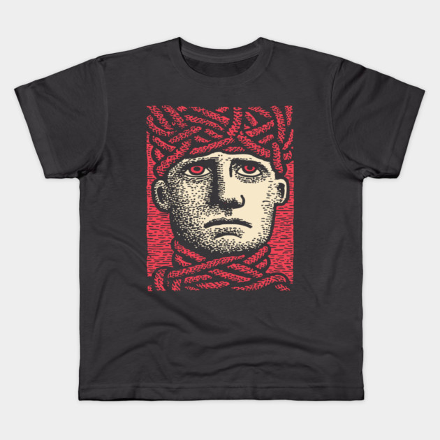 Head Trapped in Ropes – Mental Burden Linocut Portrait Kids T-Shirt by TuncGK