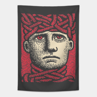 Head Trapped in Ropes – Mental Burden Linocut Portrait Tapestry
