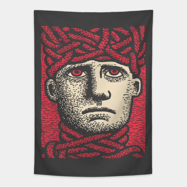 Head Trapped in Ropes – Mental Burden Linocut Portrait Tapestry by TuncGK