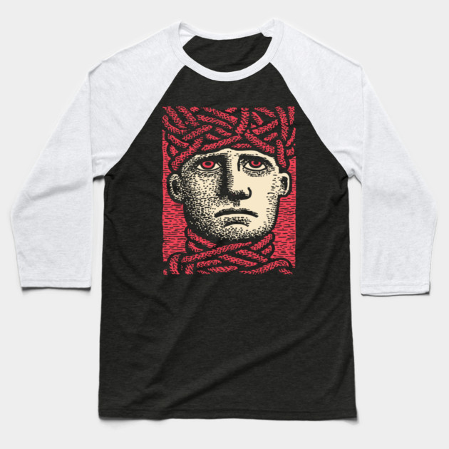 Head Trapped in Ropes – Mental Burden Linocut Portrait Baseball T-Shirt by TuncGK