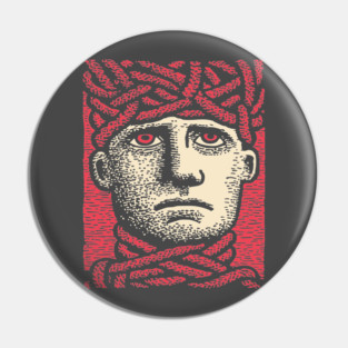 Head Trapped in Ropes – Mental Burden Linocut Portrait Pin