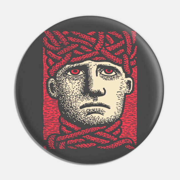 Head Trapped in Ropes – Mental Burden Linocut Portrait Pin by TuncGK