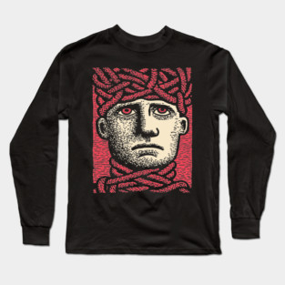 Head Trapped in Ropes – Mental Burden Linocut Portrait Long Sleeve T-Shirt