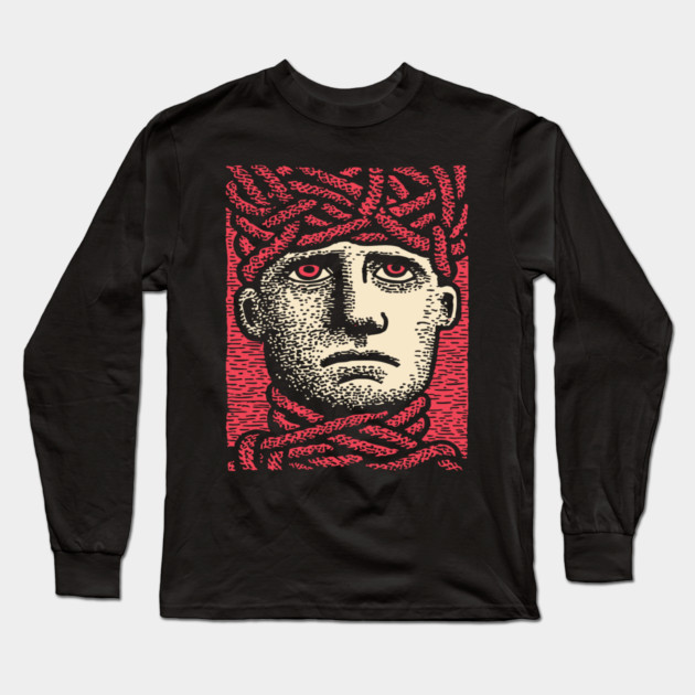 Head Trapped in Ropes – Mental Burden Linocut Portrait Long Sleeve T-Shirt by TuncGK