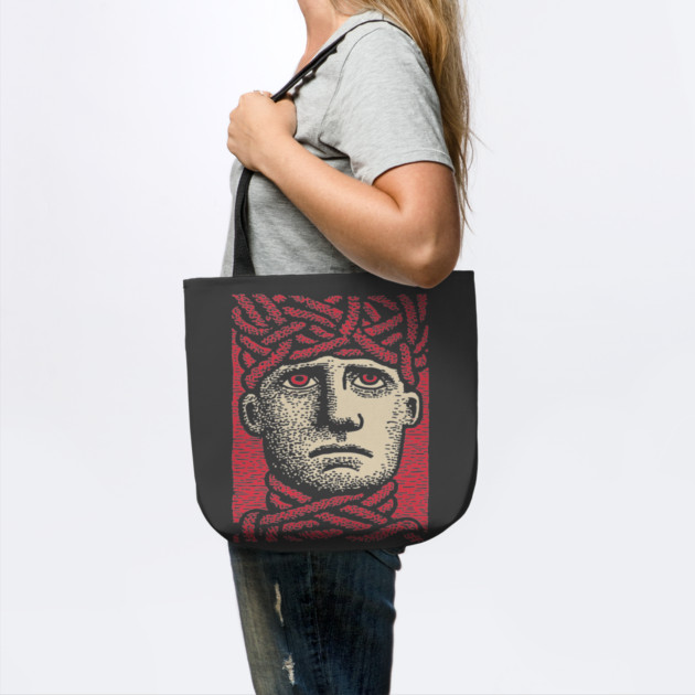 Head Trapped in Ropes – Mental Burden Linocut Portrait by TuncGK