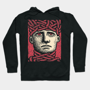Head Trapped in Ropes – Mental Burden Linocut Portrait Hoodie