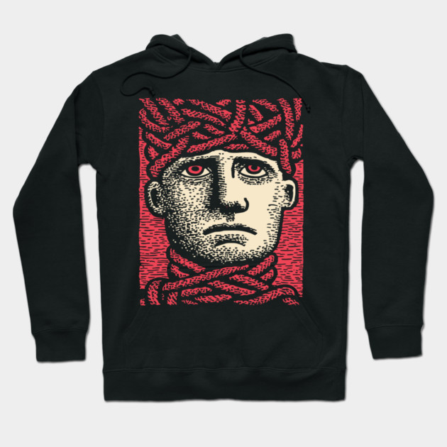 Head Trapped in Ropes – Mental Burden Linocut Portrait Hoodie by TuncGK