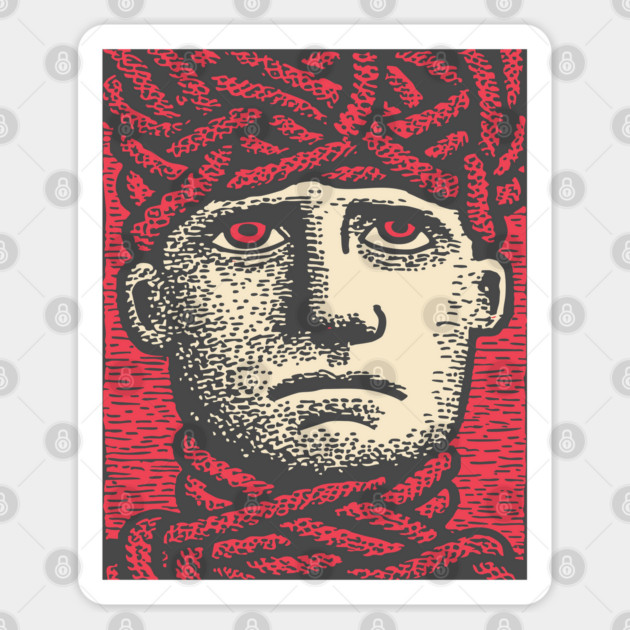 Head Trapped in Ropes – Mental Burden Linocut Portrait Sticker by TuncGK