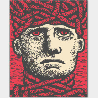 Head Trapped in Ropes – Mental Burden Linocut Portrait Posters and Art