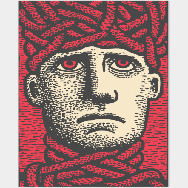 Head Trapped in Ropes – Mental Burden Linocut Portrait Wall Art by TuncGK