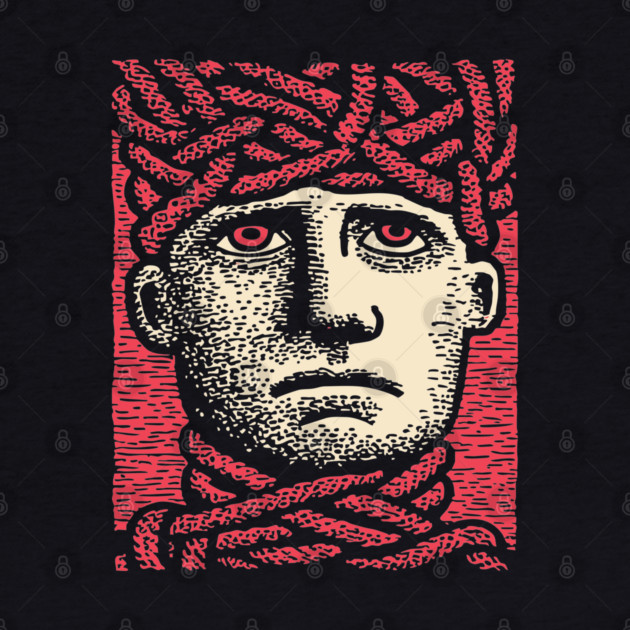 Head Trapped in Ropes – Mental Burden Linocut Portrait by TuncGK