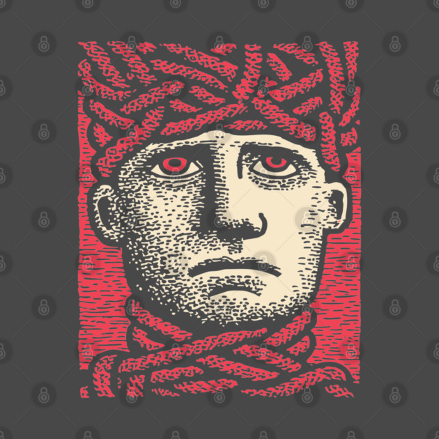 Head Trapped in Ropes – Mental Burden Linocut Portrait by TuncGK