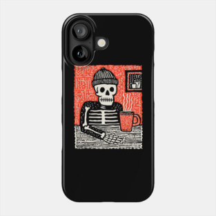 Skeleton Coffee Break – Existential Morning Ritual Linocut Phone Case
