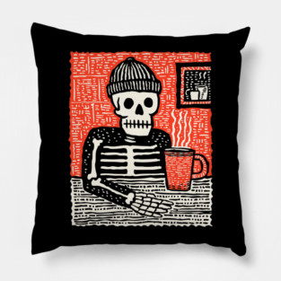Skeleton Coffee Break – Existential Morning Ritual Linocut Pillow